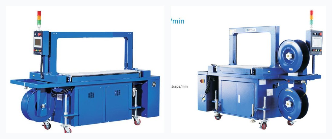 Q6000A and Q6000AD automatic strapping machines with power roller, side by side