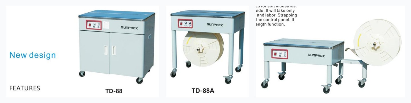 TD-88, TD-88A and TD-88AL semi-automatic strapping machines, side by side
